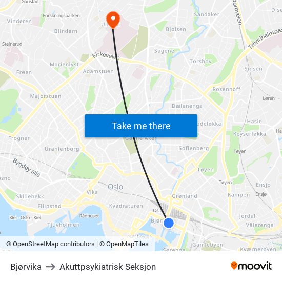 Bjørvika to Akuttpsykiatrisk Seksjon map