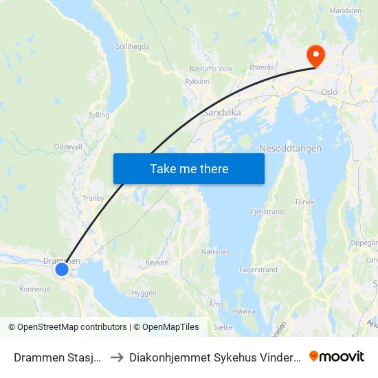 Drammen Stasjon to Diakonhjemmet Sykehus Vinderen map