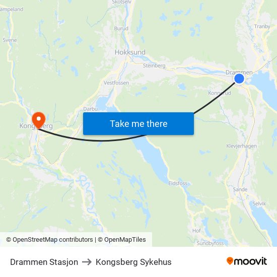 Drammen Stasjon to Kongsberg Sykehus map