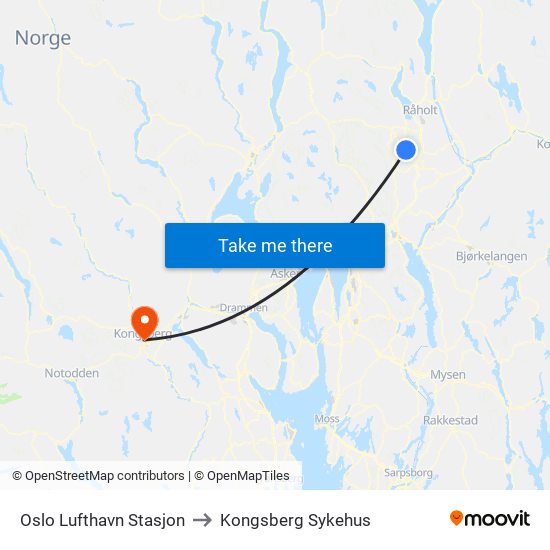 Oslo Lufthavn Stasjon to Kongsberg Sykehus map