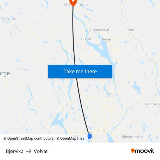Bjørvika to Volvat map