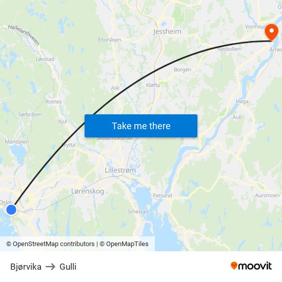 Bjørvika to Gulli map