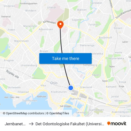 Jernbanetorget to Det Odontologiske Fakultet (Universitetet I Oslo) map