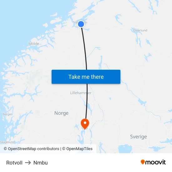 Rotvoll to Nmbu map