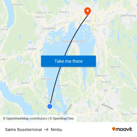Sætre Bussterminal to Nmbu map