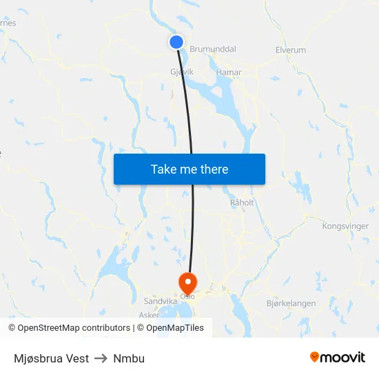 Mjøsbrua Vest to Nmbu map