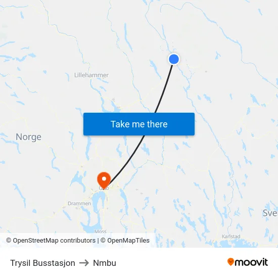 Trysil Busstasjon to Nmbu map