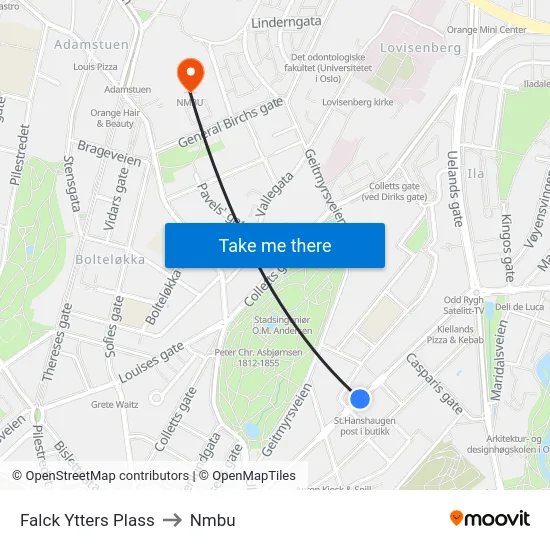 Falck Ytters Plass to Nmbu map