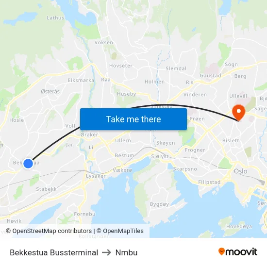 Bekkestua Bussterminal to Nmbu map
