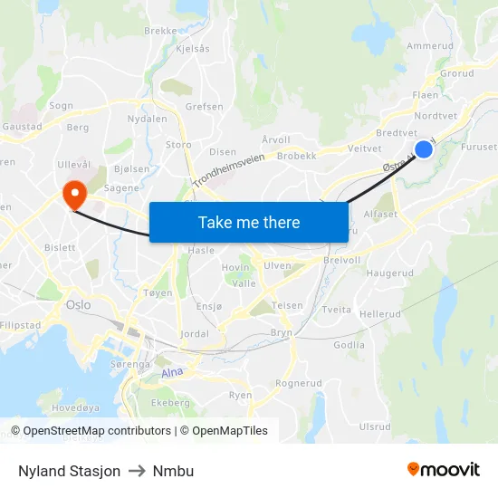 Nyland Stasjon to Nmbu map
