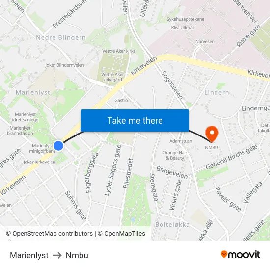 Marienlyst to Nmbu map