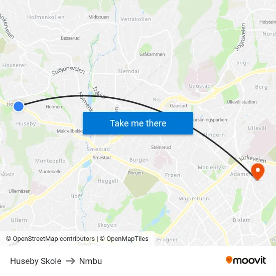 Huseby Skole to Nmbu map