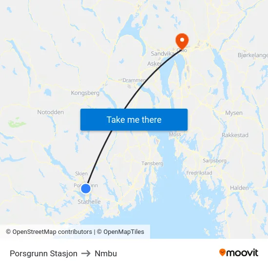 Porsgrunn Stasjon to Nmbu map