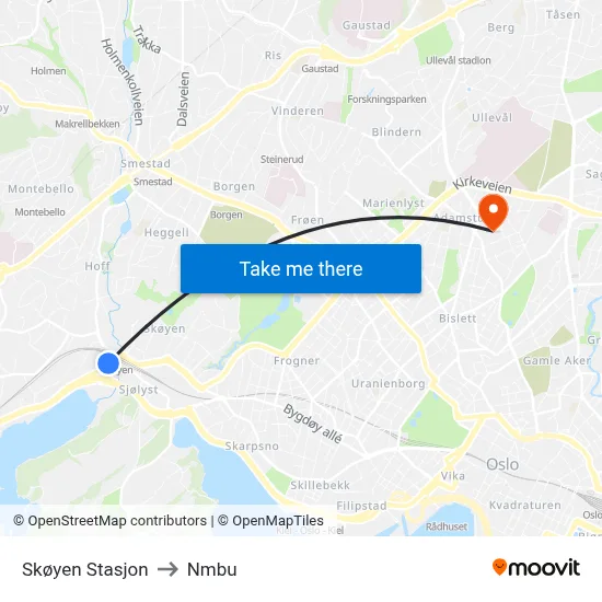 Skøyen Stasjon to Nmbu map