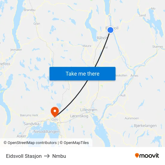 Eidsvoll Stasjon to Nmbu map