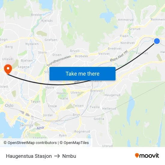 Haugenstua Stasjon to Nmbu map