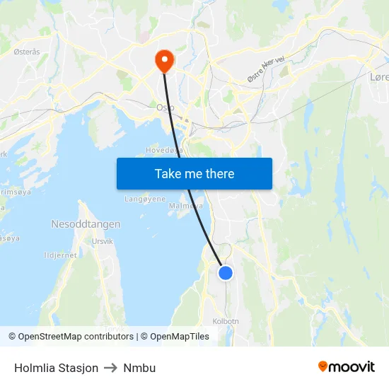 Holmlia Stasjon to Nmbu map
