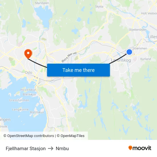 Fjellhamar Stasjon to Nmbu map