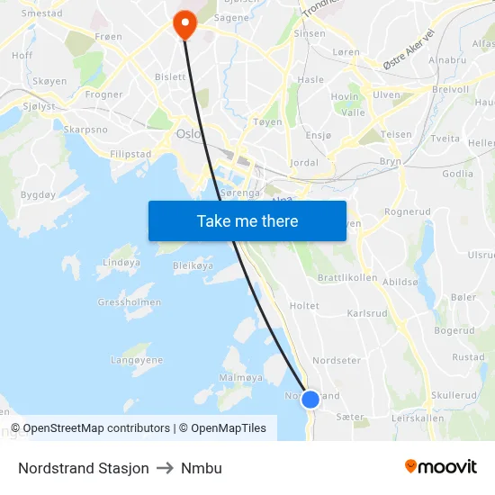 Nordstrand Stasjon to Nmbu map