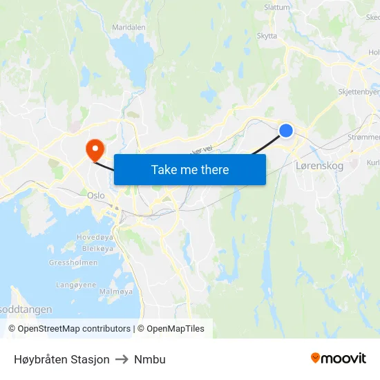 Høybråten Stasjon to Nmbu map