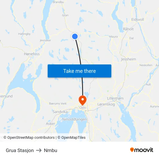 Grua Stasjon to Nmbu map
