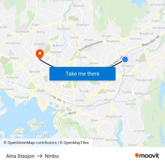 Alna Stasjon to Nmbu map