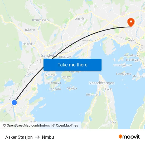 Asker Stasjon to Nmbu map