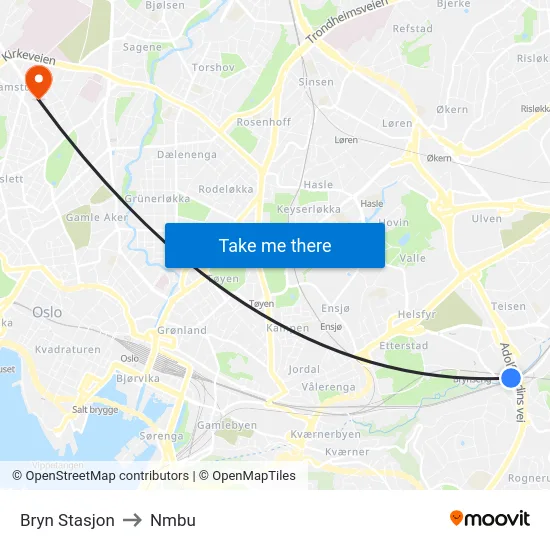Bryn Stasjon to Nmbu map