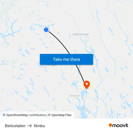 Beitostølen to Nmbu map