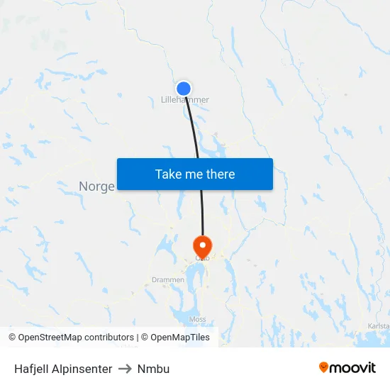 Hafjell Alpinsenter to Nmbu map