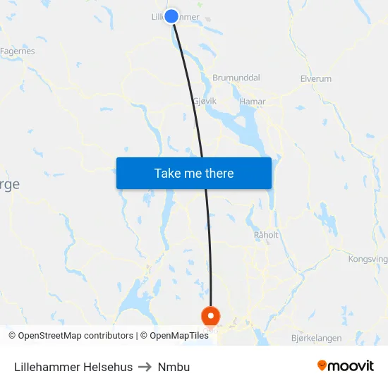 Lillehammer Helsehus to Nmbu map