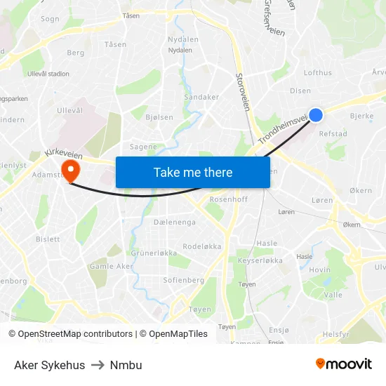 Aker Sykehus to Nmbu map