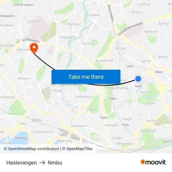 Haslevangen to Nmbu map