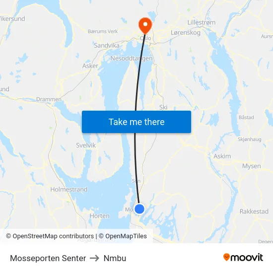 Mosseporten Senter to Nmbu map