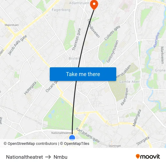 Nationaltheatret to Nmbu map