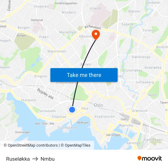 Ruseløkka to Nmbu map