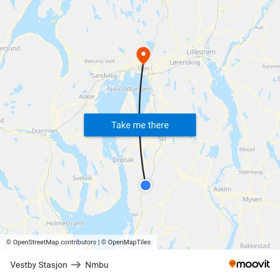 Vestby Stasjon to Nmbu map
