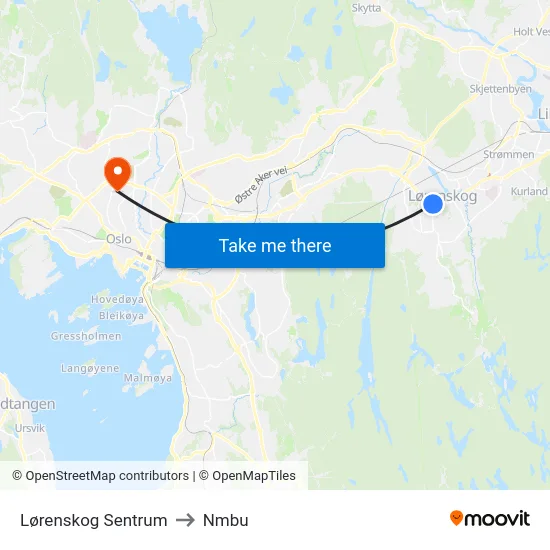 Lørenskog Sentrum to Nmbu map