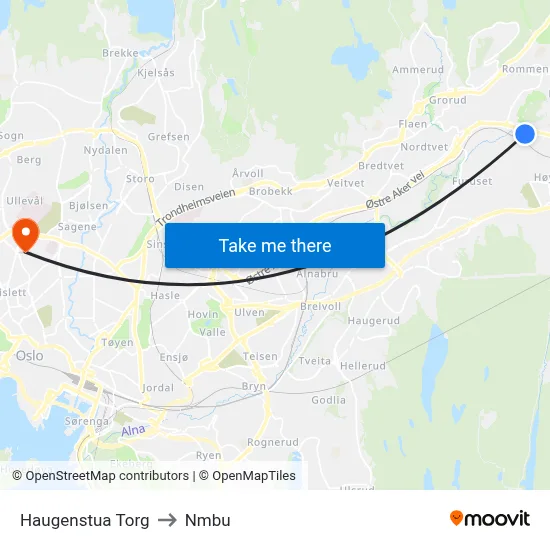 Haugenstua Torg to Nmbu map