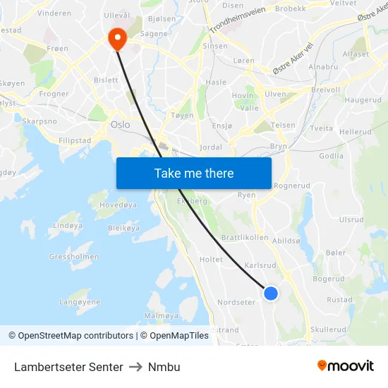 Lambertseter Senter to Nmbu map