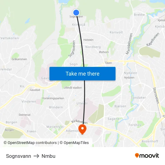 Sognsvann to Nmbu map