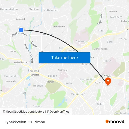 Lybekkveien to Nmbu map