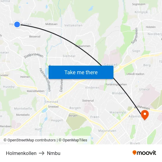 Holmenkollen to Nmbu map