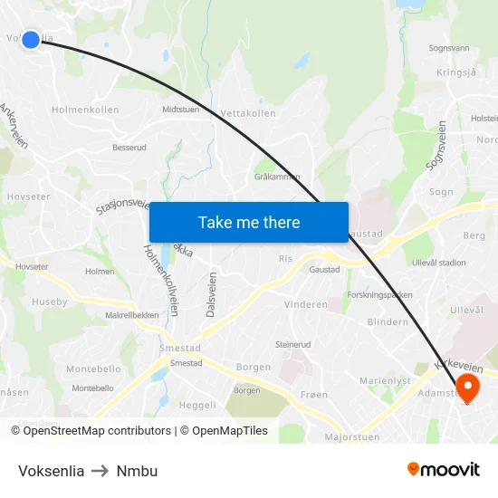 Voksenlia to Nmbu map