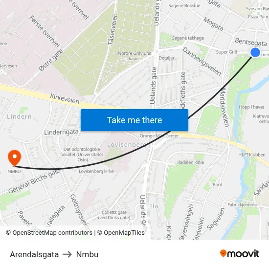 Arendalsgata to Nmbu map