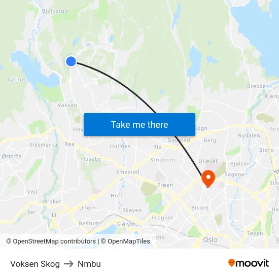 Voksen Skog to Nmbu map