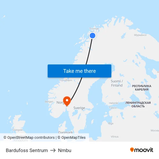 Bardufoss Sentrum to Nmbu map