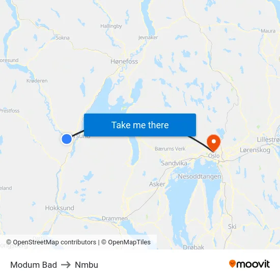 Modum Bad to Nmbu map