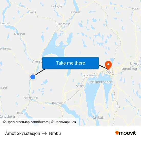 Åmot Skysstasjon to Nmbu map