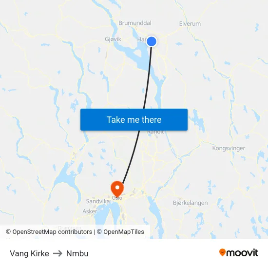 Vang Kirke to Nmbu map